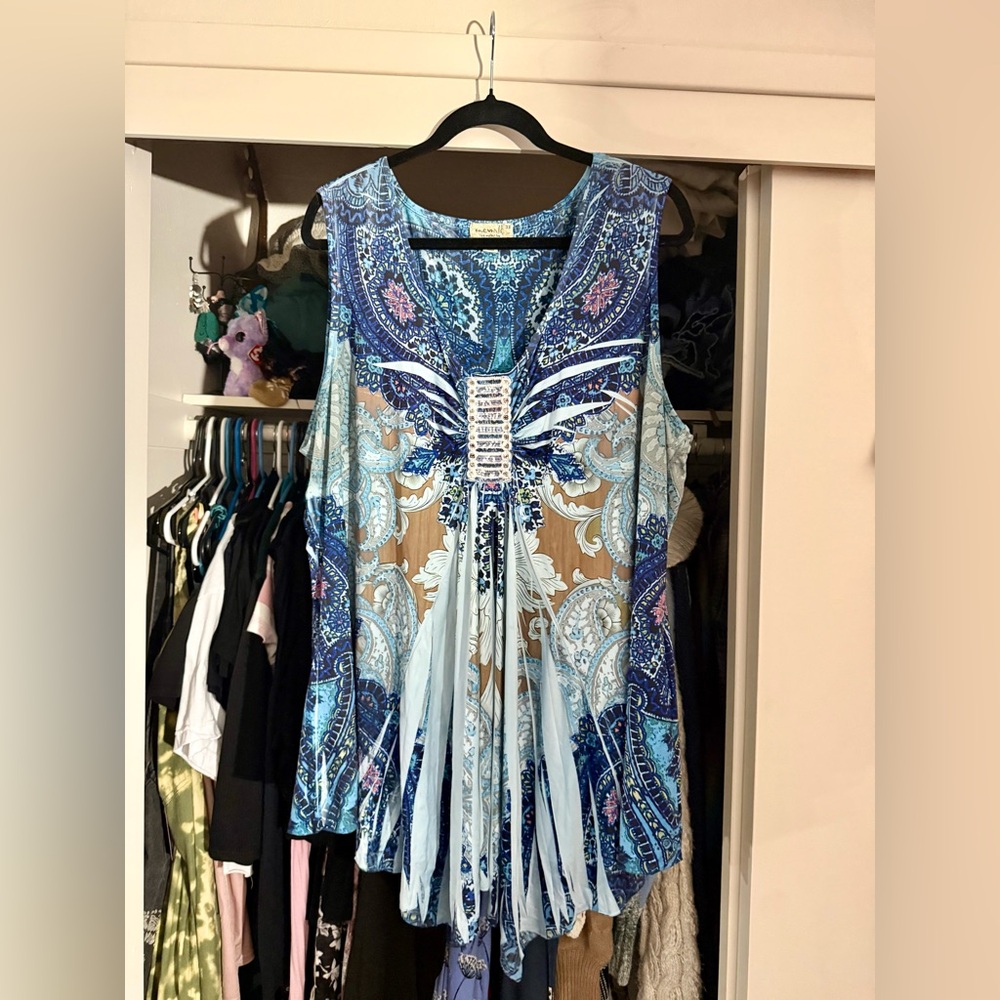 ONE WORLD Blue and Brown Sleeveless Blouse
